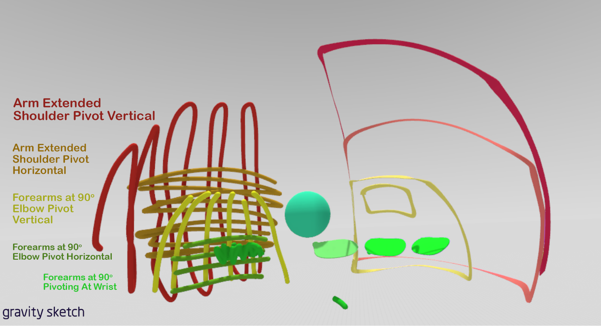 Using Gravity Sketch to mark out ranges of comfortable motion, pivoting at my shoulders, elbows, and wrists.