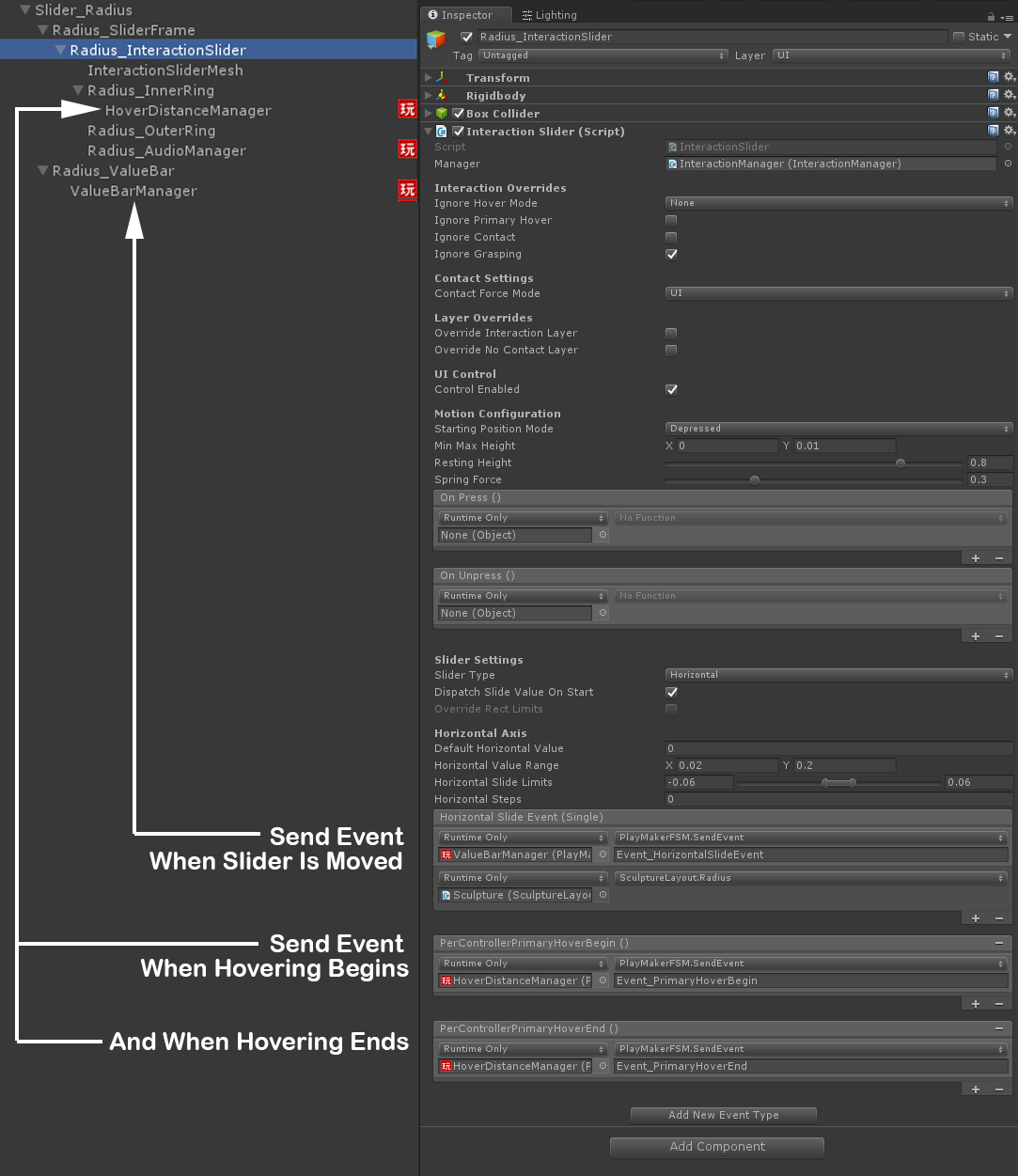 The Hierarchy setup in the Unity Editor for the Radius Slider, showing an InteractionSlider.cs sending events on HorizontalSlide, HoverBegin, and HoverEnd events.