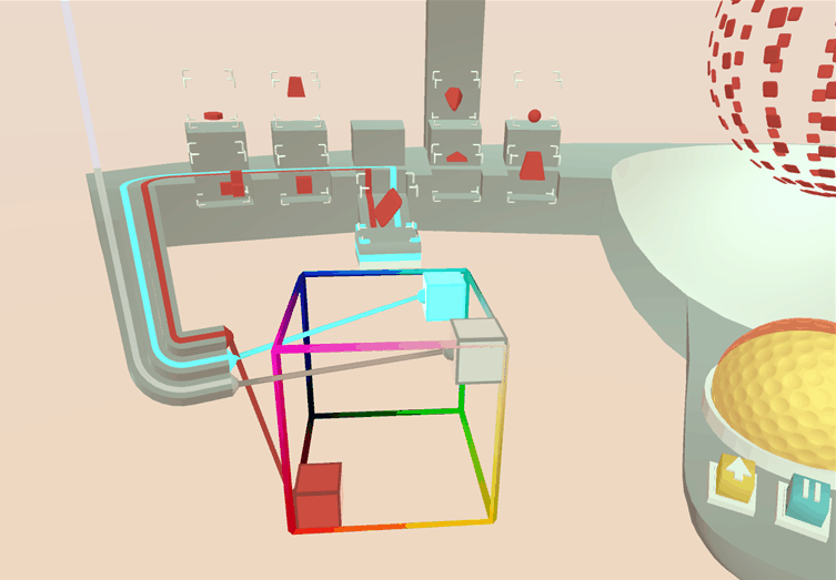 To visually convey as much information about the state of UI elements as possible, each color cube is connected by a line renderer to the object whose color variable it controls.
