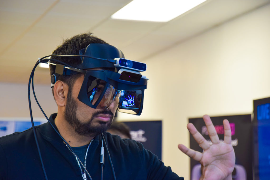 The North Star augmented reality headset with Leap Motion hand tracking.